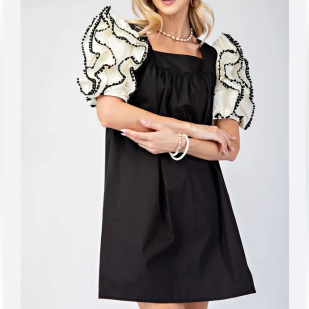 entro Black Mini Dress with Cream Ruffle Puff Sleeves